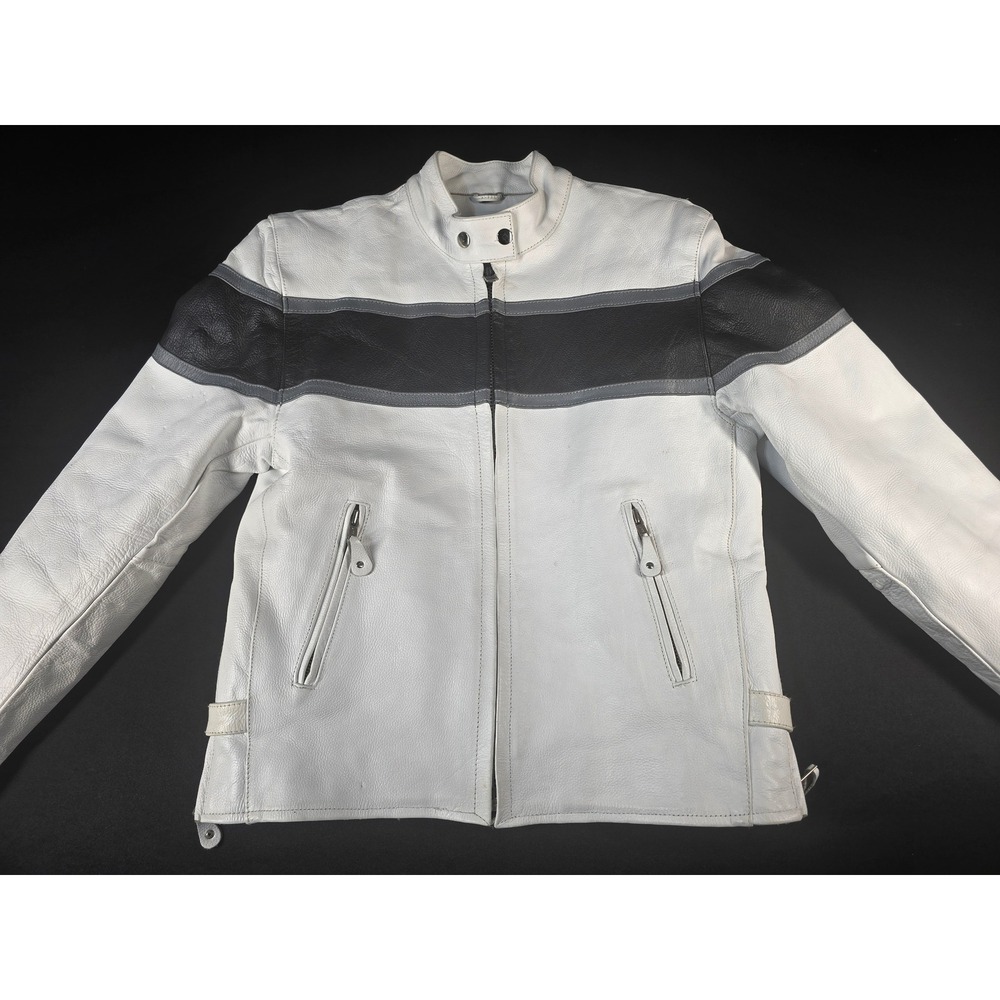 Hot Leather White Cafe Racer Motorcycle Jacket Colorblock Stripe‎ Womens Small